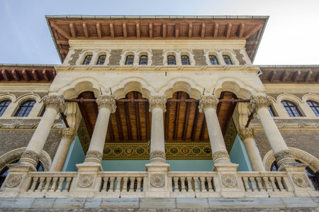 Cantacuzino Palace balcony with beautiful decorated columns built in neo romanian architectural...