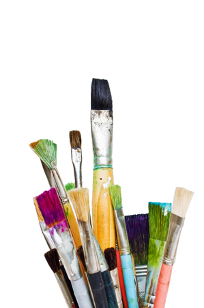 Old and used colorful paintbrushes の写真素材