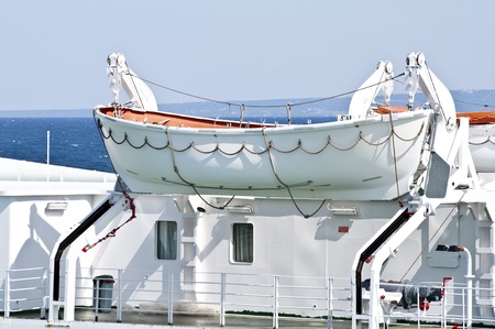 Lifeboat attached to big cruise ship for emergency cases の写真素材