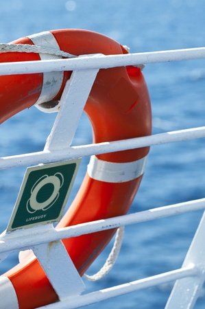 Life buoy against blue sea water の写真素材