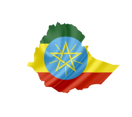 Map of Ethiopia with waving flag isolated on whiteの写真素材