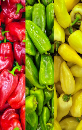 Red green and yellow paprika backgroundの写真素材