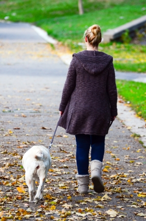 Girl walking dog in parkの写真素材
