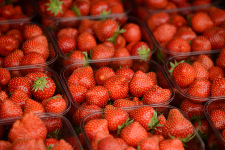 Fresh strawberries at marketの写真素材