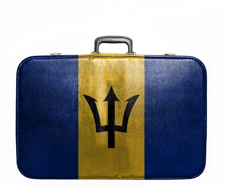 Vintage travel bag with flag of Barbadosの写真素材