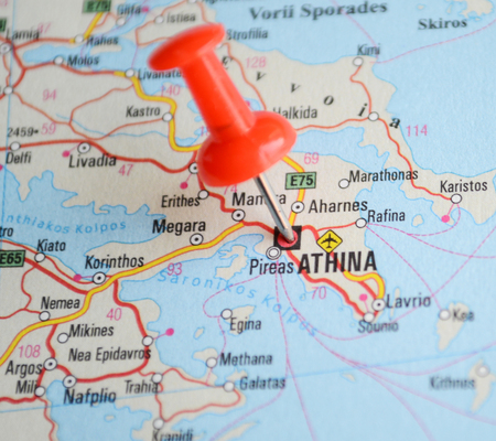 Close up of Athens map with red pin - Travel conceptの写真素材