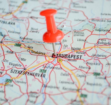 Close up of Budapest map with red pin - Travel conceptの写真素材