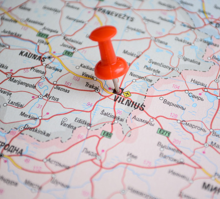 Close up of Vilnius map with red pin - Travel conceptの写真素材