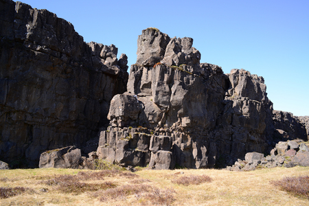 Thingvellir National park a famous area in Iceland right over the spot where the atlantic tectonic plates meetsの写真素材