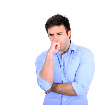  Portrait of young man coughing isolated on whiteの写真素材