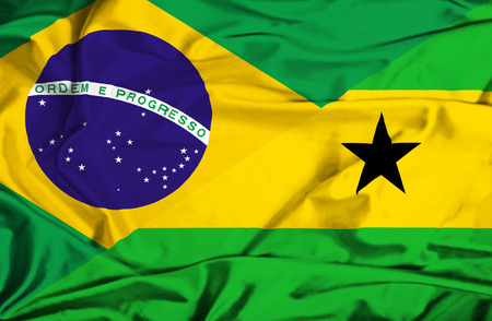 Waving flag of Sao Tome and Principe and Brazilの写真素材