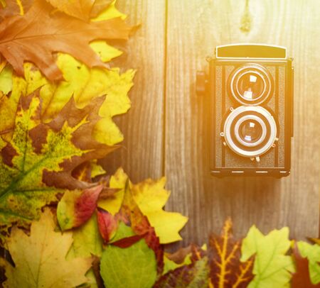 Retro camera on wooden table with autumn leavesの写真素材