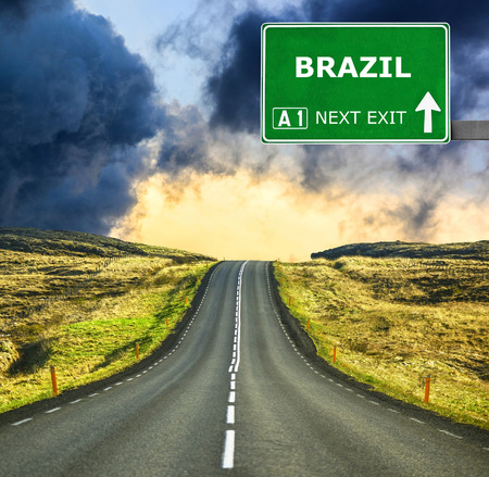 BRAZIL road sign against clear blue skyの写真素材