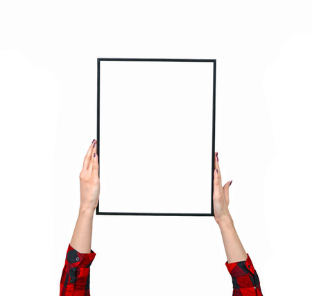Female hand holding blank boards isolated on white