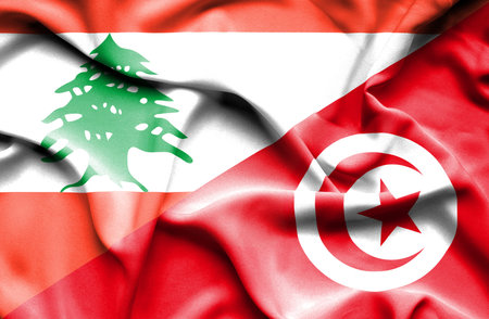 Waving flag of Tunisia and  Lebanon