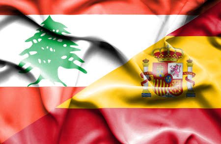Waving flag of Spain and Lebanonの写真素材