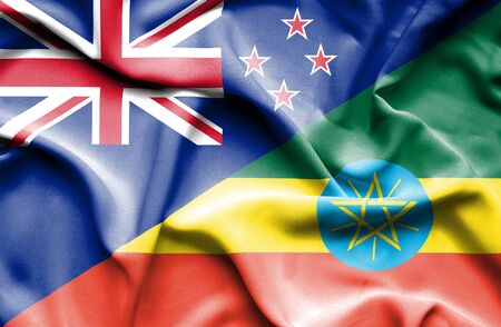 Waving flag of Ethiopia and New Zealandの写真素材