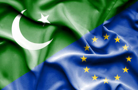 Waving flag of European Union and Pakistanの写真素材