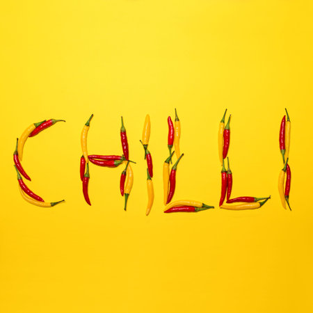 Red hot chili peppers on yellow background making word  CHILLI - Flat lay