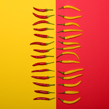 Red hot chili peppers on red and yellow background - Flat layの写真素材