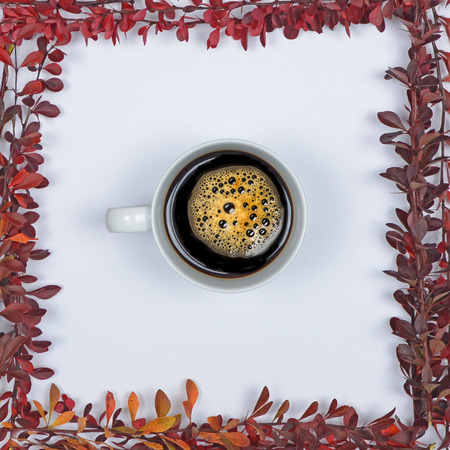 Perfect cup of coffee on white background with autumn leaves - Flat lay of Autumnal backgroundの写真素材