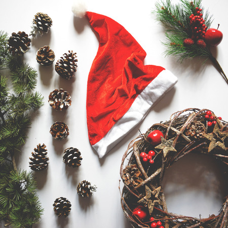 Flat lay of Christmas decoration and ornaments on white background - Trendy minimal flat lay designの写真素材