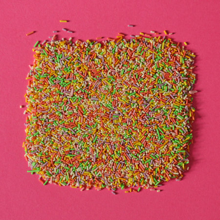 Colorful candy sprinkles on pink background- Modern minimal flat layの写真素材