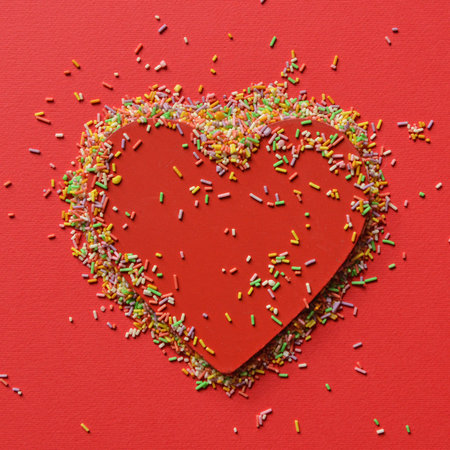 Heart shape made of multicolored candy sprinkles - Modern minimal flat layの写真素材