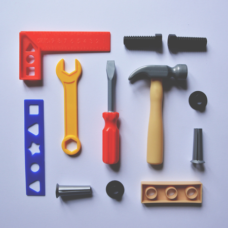 Flat lay of children plastic toy toolsの写真素材