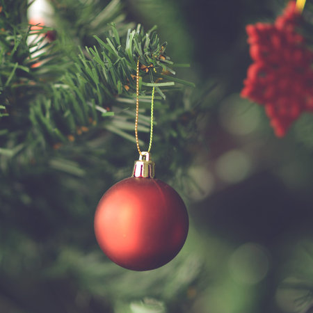 Christmas decoration and ornaments hanging from Christmas tree - New year or Christmas concept