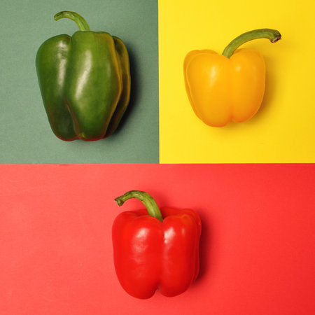 Three colorful paprikas on multicolored backgrounds - Minimal flat lay viewの写真素材