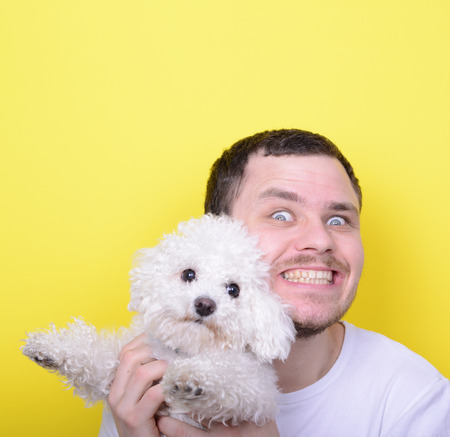 Portrait of funny looking chubby man holding cute small Bichon Frise puppy against yellow backgroundの写真素材