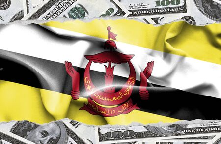 Financial concept with banknotes of US currency around national flag of Bruneiの写真素材