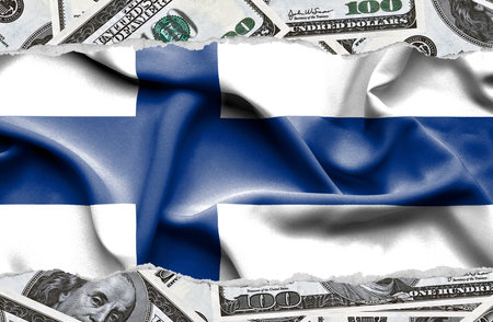 Financial concept with banknotes of US currency around national flag of Finlandの写真素材