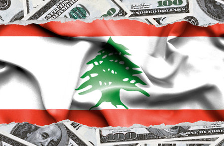 Financial concept with banknotes of US currency around national flag of Lebanonの写真素材