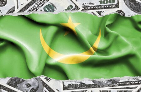 Financial concept with banknotes of US currency around national flag of Mauritaniaの写真素材