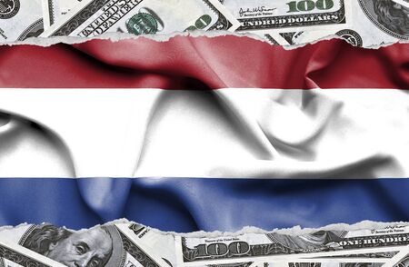 Financial concept with banknotes of US currency around national flag of Netherlandsの写真素材