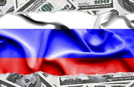 Financial concept with banknotes of US currency around national flag of Russiaの写真素材