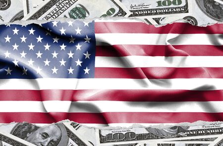 Financial concept with banknotes of US currency around national flag of United States of Americaの写真素材