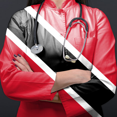 Doctor representing healthcare system with National flag of Trinidad and Tobago