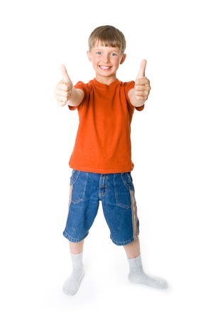 Young boy with two thumbs upの写真素材