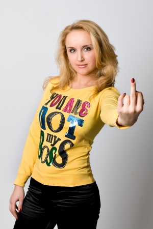 Nice woman show incecent signの写真素材