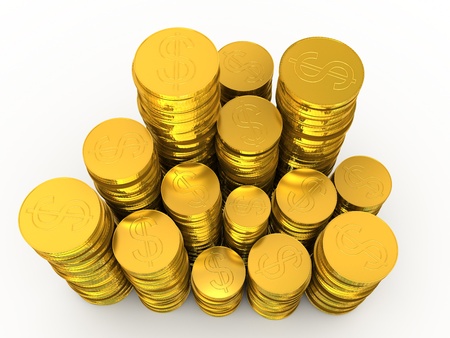 Rouleaus of golden coins isolated on whiteの写真素材