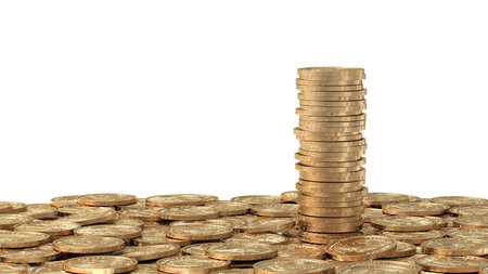 Layer of golden coins with stack of coinsの写真素材