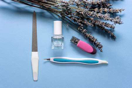 Manicure tools set isolated on blue background with lavender flowerの写真素材
