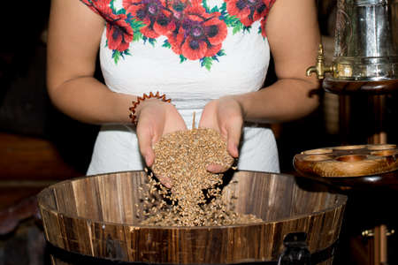 The girl's hand pours a handful of wheat grain in a wooden barrelの写真素材