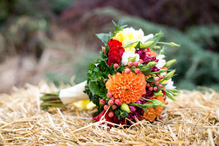 Colorful autumn wedding bouquet closeup On blurred backgroundの写真素材