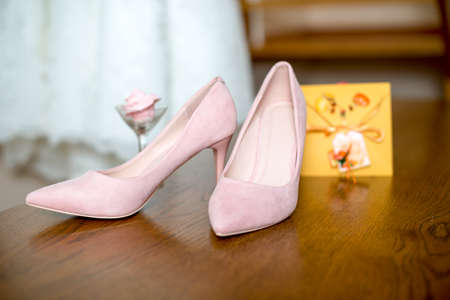 Wedding accessories. Wedding pink bridesmaid shoes. Wedding detailsの写真素材