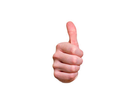 Closeup of male hand showing thumbs up sign against isolated on white backgroundの写真素材