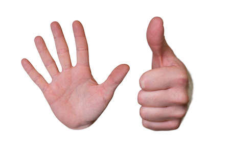 Closeup of male hands with symbol stop five and thumb up isolated on white backgroundの写真素材